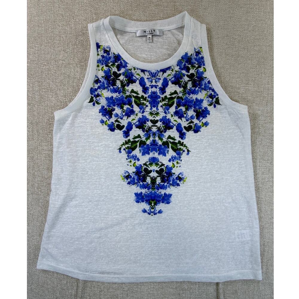 Milly Women's Medium White Blue Floral Print Sleeveless Tank Top Designer Casual